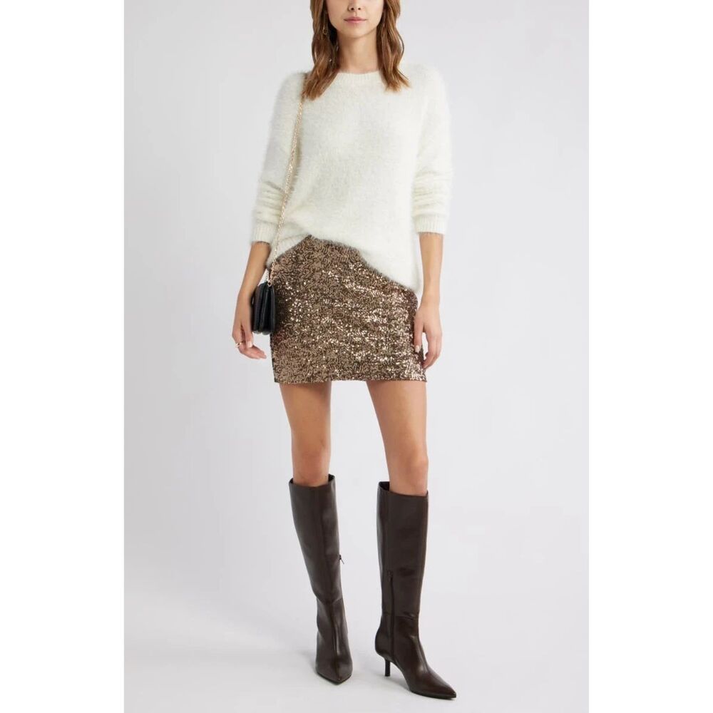 Open Edit Boyfriend Sweater Long Sleeve Crew Neck Puffy Ivory Medium Flawed DIY